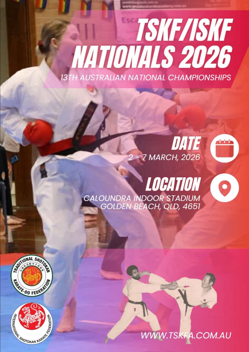 A woman participating in a karate fight with information about 2026 nationals - info in post
